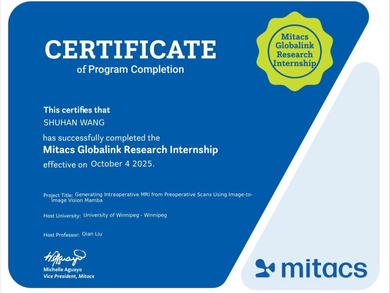 Mitacs Globalink programme completion certificate awarded to Shuhan Wang
